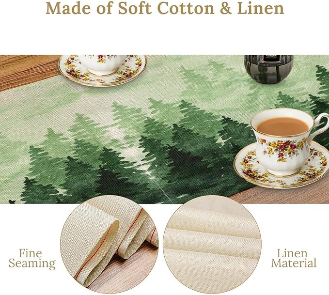 Foggy Forest Table Runner,Watercolor Wreen Misty Forest Landscape Table Runner for Kitchen Dining Table Home Party Decoration 13x72 Inch