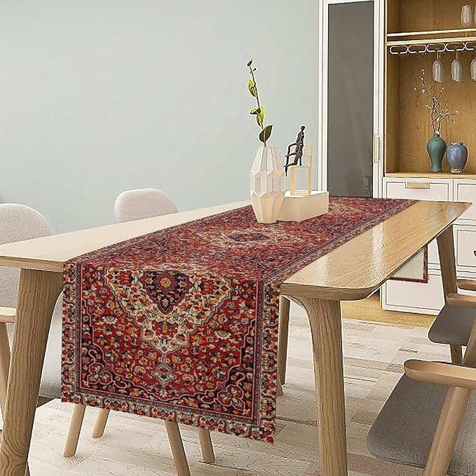 Boho Floral Vintage Table Runner, Paisley Retro Red Flower Rustic Country Farmhouse Abstract Pattern for Home Kitchen Table Decor Dining Coffee Room Party Decor 13x72in