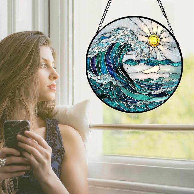 Stained Glass Window Hanging - Blue Green Waves Suncatcher for Door Terrace Garden Home Decor Sunrise Over The Sea Sun Catcher Birthday Gifts for Lovers Women Men Dad Mom Nana 15 in