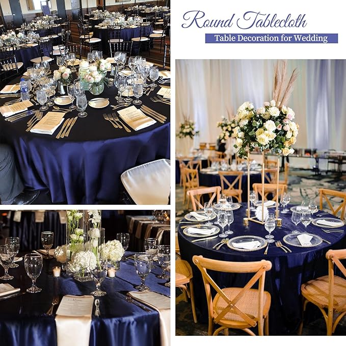 12 Pack 108 Inch Navy Blue Satin Tablecloth - Silky Round Tablecloth Overlay Smooth Fabric Table Cover, Bright Table Decoration for Wedding Party Banquet Events Restaurant Kitchen Dining