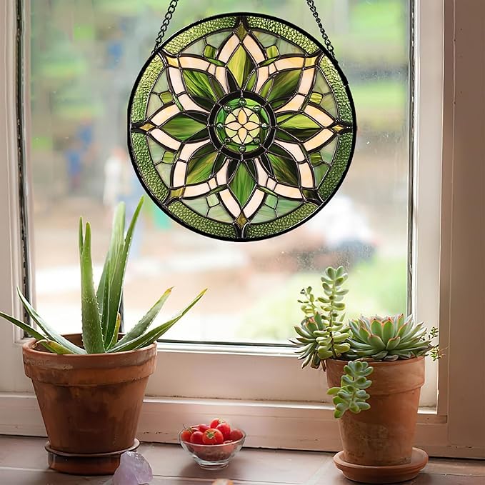 Stained Glass Window Hanging - White Green Boho Flower Suncatcher for Doors Window Home Sun Catchers Decor Christmas Mother's Day Birthday Gifts for Teacher Women Men Mom Nana 15 in