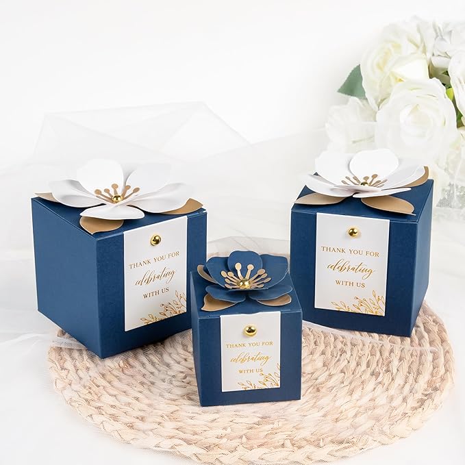 FEIYI 20 PCS Navy Blue Gift Boxes, 3 In 1 Favor Boxes with Floral Decor, White Thank You Tags Cupcake Containers Gift wrapping for Wedding, Baby Shower, Birthday, Decorations Party - 3.55x3.55x3.55