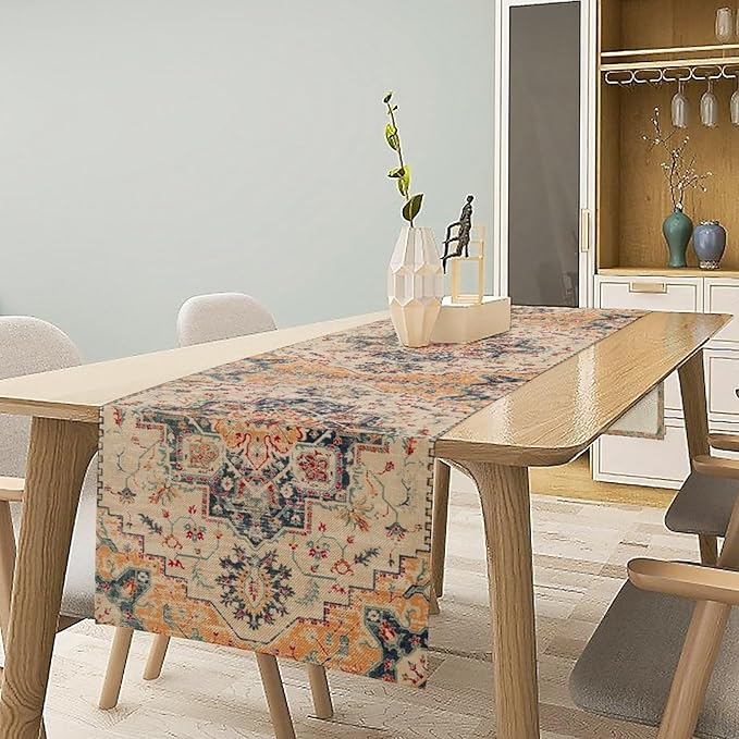 Bohemia Orange Table Runner, Rustic Farmhouse Vintage Geometric Floral Print Table Cover for Home Kitchen Dining Table Party Decor, 13x60inch