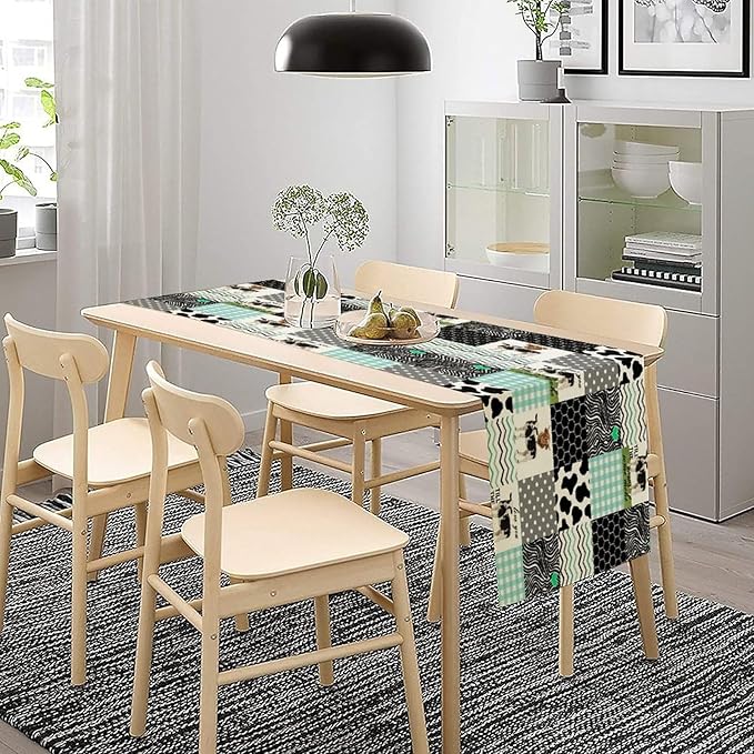 Cute Cow Print Table Runner,Farm Animals Honeycomb Plaid Stripes Cowhide Pattern Tablecloth Burlap for Hotel Indoors Outdoor Dining Room Kitchen Table Decor, 13x90in