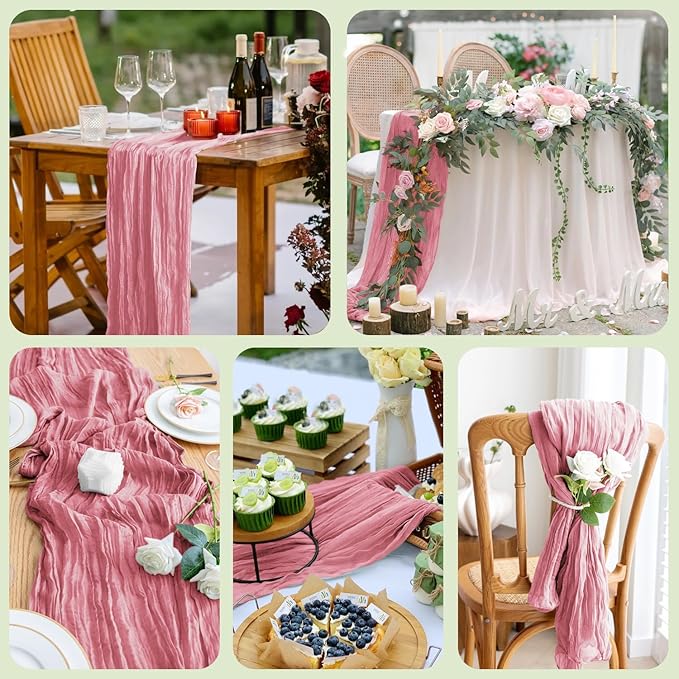Asee'm 12pcs Cheesecloth Table Runner 120 Inches Dusty Rose Boho Gauze Cheese Cloth Runner 10FT Rustic Sheer Table Runners for Summer Wedding Baby Shower Holiday Party Decoration