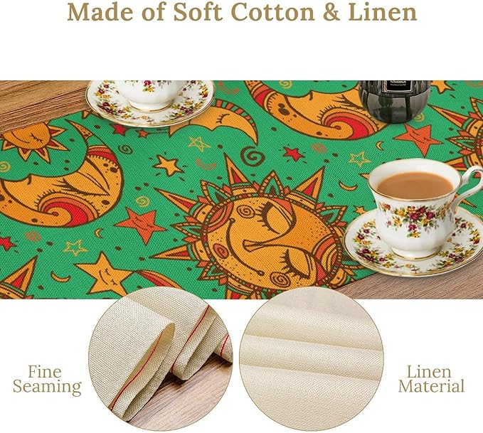 Boho Moon Table Runner, Phase of The Moon Star Sun Cartoon Pattern Table Runner for Kitchen Living Room Home Party 13x108 Inch