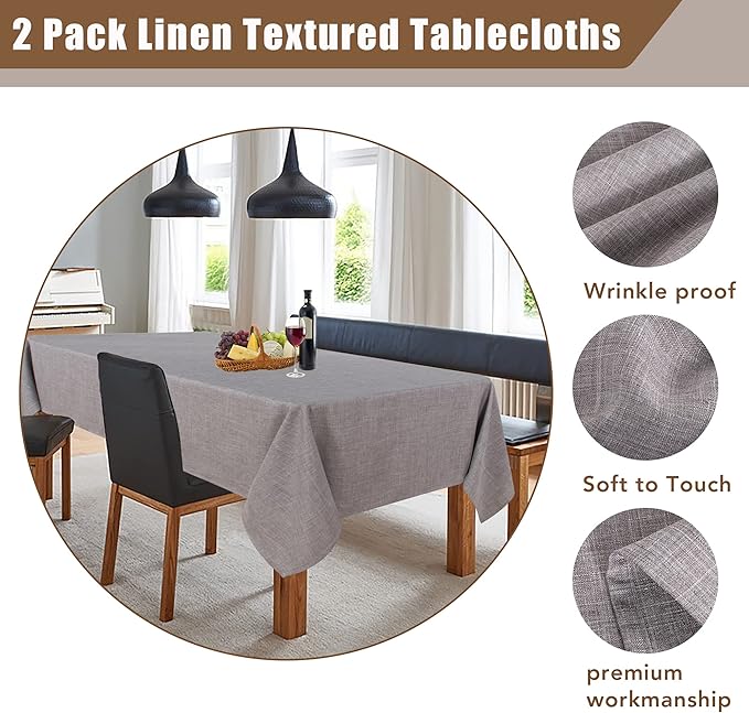 Fitable Faux Linen Tablecloths Rectangle 60 x 102 Inch - 2 Pack Neutral Table Clothes for 6 Foot Tables, Stone Flax Look Table Covers for Farmhouse, Dining, Party, Banquet, Buffet