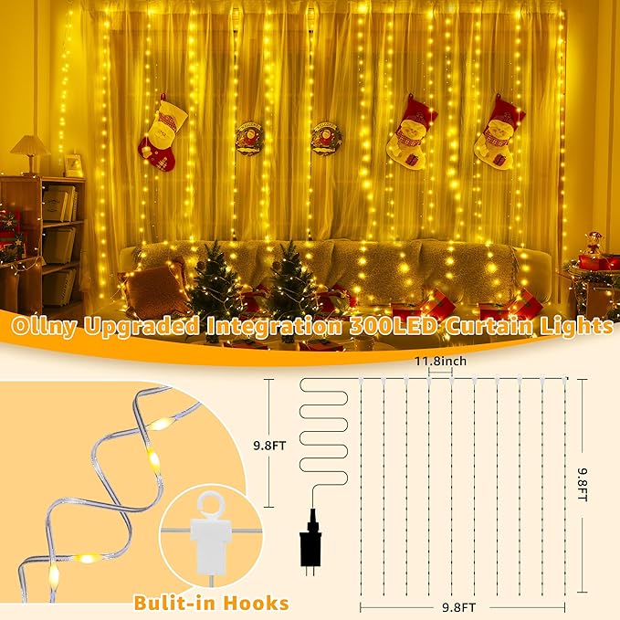 Ollny Curtain Lights 300LED 9.8ftx9.8ft, Connectable IP67 Waterproof Outdoor Curtain String Lights with Remote, Plug-in Untangle Fairy Lights with 8 Modes 3 Timers for Wall Backdrop Decor(Warm White)