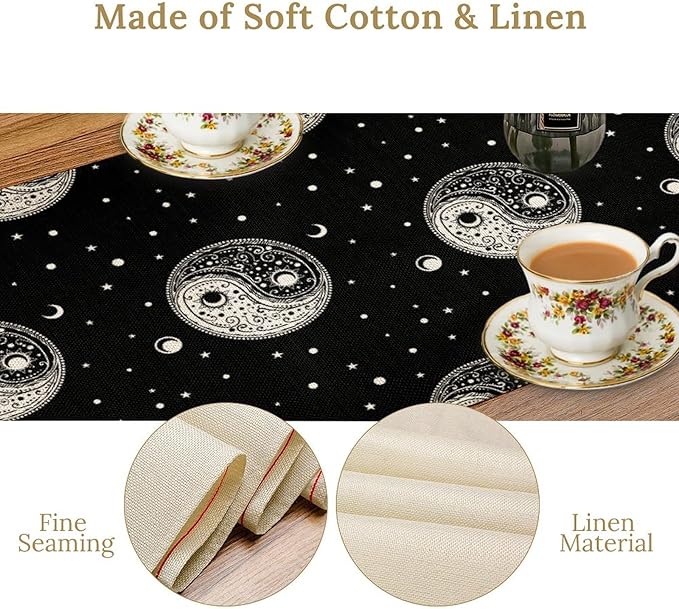 Mystical Celestial Table Runner, Vintage Bohemian Black Yin Yang Symbol Moon Stars Print Table Runner for Office Kitchen Dining Wedding Party Home Coffee Table, 13x120inch