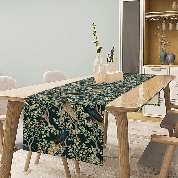 Peacock Table Runner,Retro Floral Plants Peacock Table Runner for Home Kitchen Dining Party Indoor Outdoor Decoration 13x120 Inch