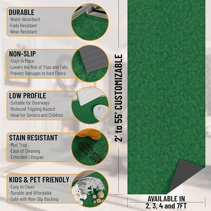 Ottomanson 2' x 7' Hallway Runner with Scraper Pile Extra Durable Non-Slip Rug Mat for Indoor & Outdoor Use - Ideal for Kitchen, Entryway, Patio & Garage - High-Traffic Carpet, Green