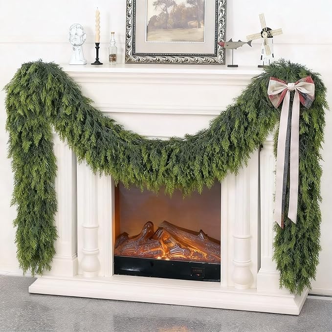 6FT Real Touch Cedar Garland - Artificial Christmas Garland Fake Green Faux Thick and Lush Pine Needles Garlands for Table Fireplace Mantle Holiday Home Indoor Outdoor Decor (1PCS)