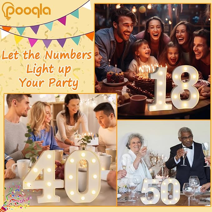 Pooqla Decorative LED Light Up Number Letters, White Plastic Marquee Lights Sign Party Wedding Decor, Battery Operated (8)