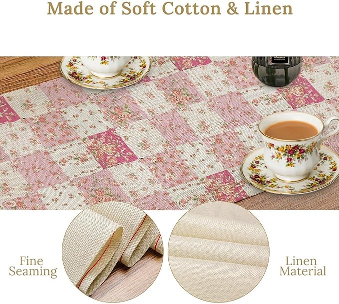 Patchwork Table Runner, Boho Vintage Pink Wildflowers Bohemian Paisley Flower Farmhouse Table Center Decor for Home Kitchen Dining Patio Holiday Party Indoor Outdoor Table Decorations, 13"x72" Inch