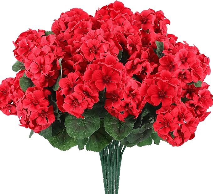 Hananona 6 Pcs Artificial Geranium Flowers for Outdoors Geranium Silk Red Flower Outdoor UV Resistant Garden Plants Faux Flowers for Christmas Home Kitchen Table Centerpieces Decor (6, Red)