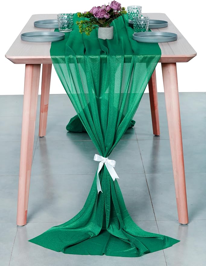MDS 25 Pack 10ft Chiffon Table Runner 29 x 120 Inches Sheer Wedding Runner Romantic Rustic Table Runner for Wedding Decorations, Birthday Parties, Bridal Shower Party Arch Decor - Emerald Green