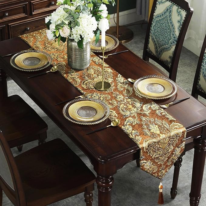 Elegant Floral Chenille Gold Jacquard Table Runner Advanced Caramel-Color with Tassels (60-inches)