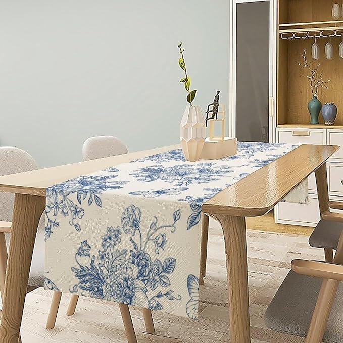 Monochrome Sketch Flowers Table Runner, Seasonal Spring Fall Plants Blue Florals Butterfly Dinner Runner for Home Kitchen Dining Table Party Holiday Decoration 13"x70"