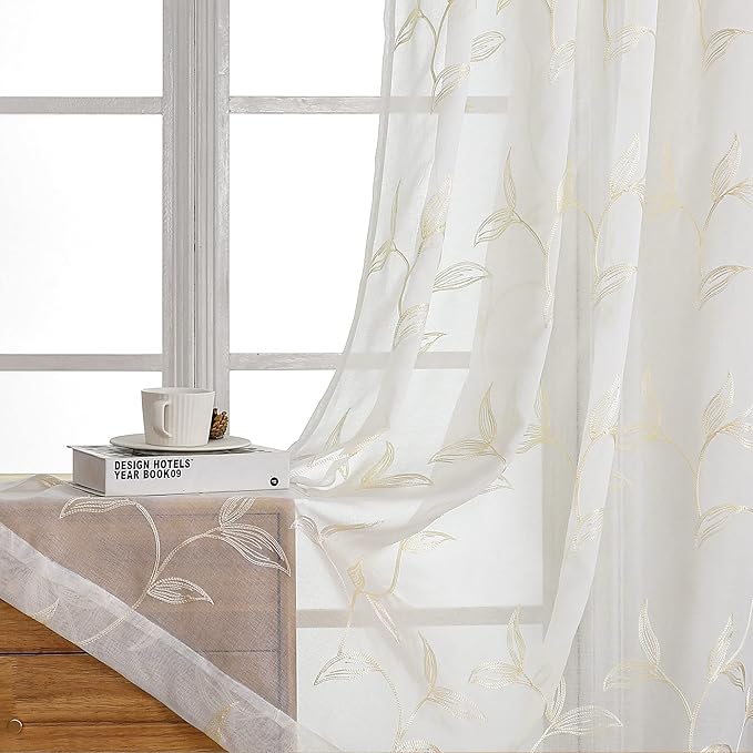 VISIONTEX Sheer Curtains 108 inch Length 2 Panels Set, White Voile Crushed Cream Vine Leaves Embroidery, Rod Pocket Embroidered Window Drapes for Living Room and Bedroom, 54" x 108"