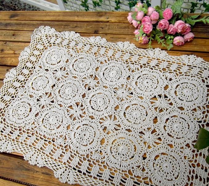 Cotton Handmade Crochet lace Table Runners Rectangular Tablecloth Doilies Doily Table Dresser Scarf Décor,19x31Inch,White