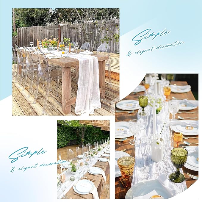 Aktor 12 Pack White Table Runner Boho Cheesecloth Table Runner Semi Sheer Gauze Fabric Runners for Wedding Birthday Baby Shower Party Boho Table Decoration（White）