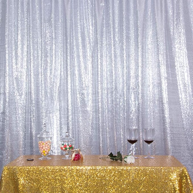SquarePie Sequin Backdrop Opaque Non-Transparent Background Sparkly Curtain for Wedding Party 8FT x 8FT Silver