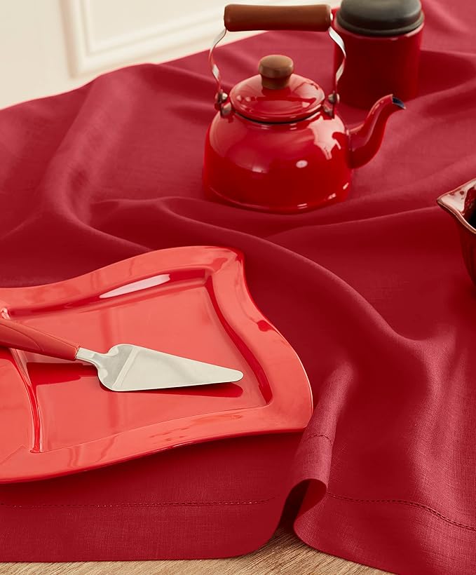 Solino Home Red Linen Tablecloth 52 x 52 Inch - 100% Pure Linen Square Table Throw - Classic Hemstitch, Machine Washable Table Cloth for Christmas