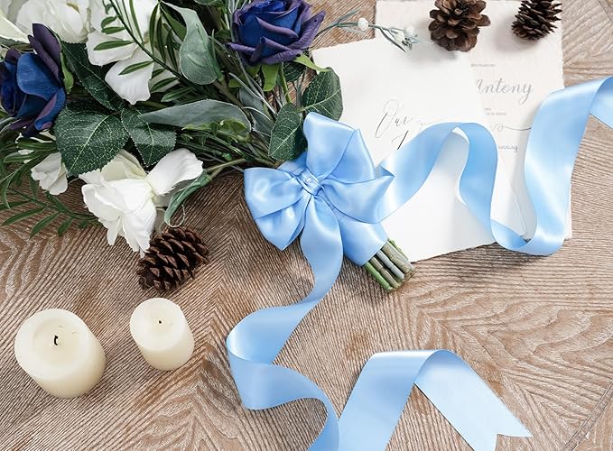 Baby Blue Satin Ribbon 1-1/2 Inch x 50 Yards Double-Faced Ribbons for Gift Wrapping Flower Bouquet Wedding Paper Bows Invitations Crafts