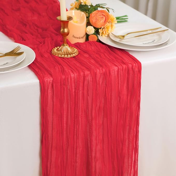 Snowkingdom 6 PCS Red Cheesecloth Table Runner 10 Ft, 120 inch Long Cheese Cloth Gauze Runners for Christmas Valentine Wedding Bridal Baby Shower Birthday Holiday Party Table Decorations