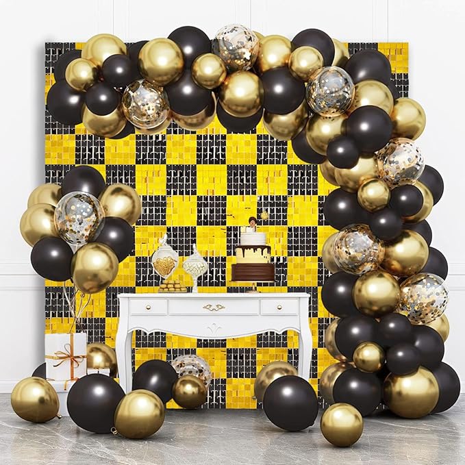 12PCS Black Gold Shimmer Wall Backdrop, Square Sequin Photo Backdrops Panel, Glitter Wall Background for Birthdays, Weddings, Christmas, Engagements, New Years Party Decor (3FTx4FT)