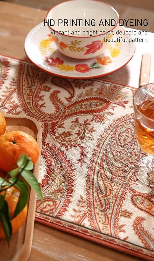 ISAENNE Designer Elegant Red Linen Extra Long Table Runner 118 Inches,Vintage Paisley Pattern Durable Table Runners for Dining Tables,Thanksgiving,Kitchen Tables,Christmas,12"*118"-Chauffrey A