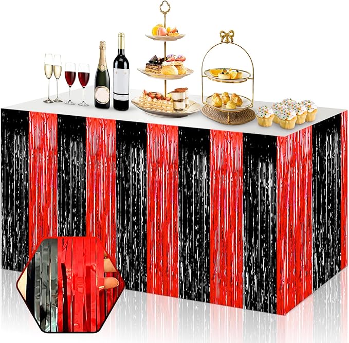 3 Pack 29x108 Inch Black Red Foil Fringe Table Skirts Metallic Banner for Tinsel Streamer Garland Backdrop for Parade Floats Wedding Thanksgiving Birthday Christmas Halloween Party Decoration