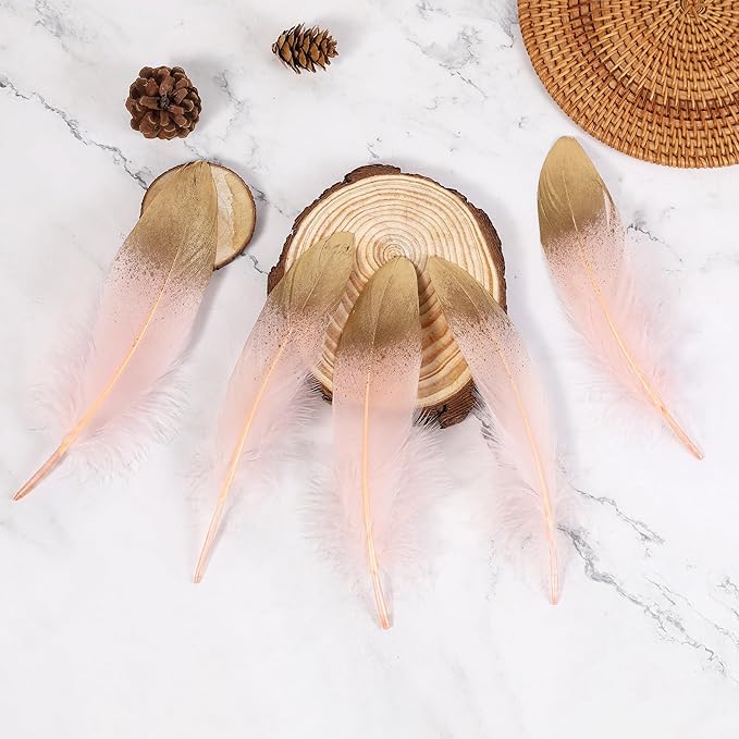 Larryhot Dipped Gold & Pink Goose Feathers for Crafts - 6-8 inch 60 pcs Natural Feathers for Wedding Party Decorations,DIY Crafts and Clothing Accessories (Gold & Pink)