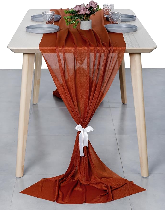 MDS 15 Pack 10ft Chiffon Table Runner 29 x 120 Inches Sheer Wedding Runner Romantic Rustic Table Runner for Wedding Decorations, Birthday Parties, Bridal Shower Party Arch Decor - Terracotta