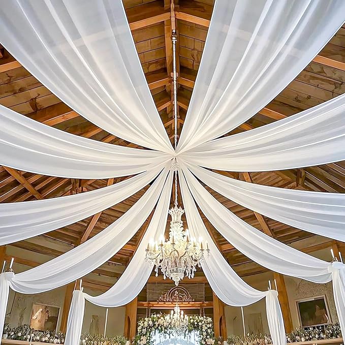 MODFUNS Ceiling Drapes for Parties White Sheer Chiffon Curtains 5x30FT 6 Panels Wedding Arch Drapes Fabric Sheers Arbor Drapery Tulle Ceiling Covering Fabric for Ceremony Stage Arbor Ornament