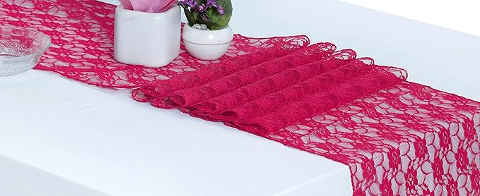 MDS Pack of 20 Wedding 12 x 108 inches Lace Table Runner for Wedding, Decorations for Birthday Parties, Banquets, Graduations, Engagements, and Runners fit Rectangle, Round Table- Magenat