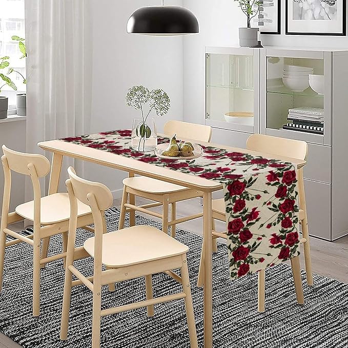 Rose Table Runner, Retro Red Rose Flowers Green Leaves Valentine's Day Kitchen Dinning Table Runner for Indoor Outdoor Home Wedding Party Holiday, 13x108 Inch
