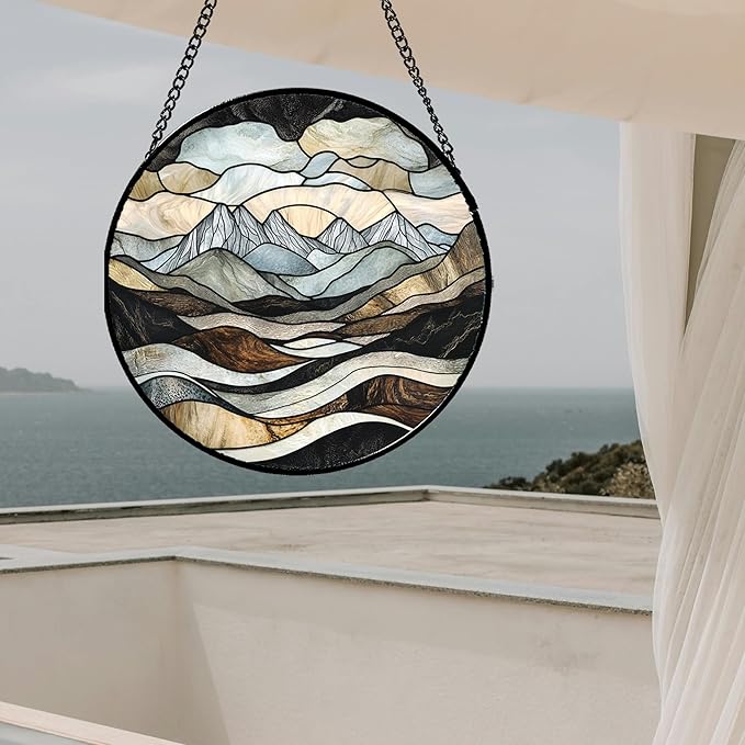 Stained Glass Window Hanging - Grey Mountains Landscape Suncatcher for Doors Garden Patio Retro Sun Catchers Decor Christmas Mother's Day Birthday Gifts for Women Men Mom Nana Friend 7.8 in
