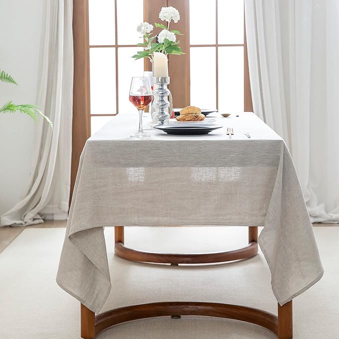 EVERLY100% Pure Linen Rectangle Tablecloths132Lx60WInch for Dining,Buffet Parties,Picnic,Events,Weddings and Restaurants,Decorative Halloween,Thanksgiving Machine Washable Tablecloths-Natural Linen
