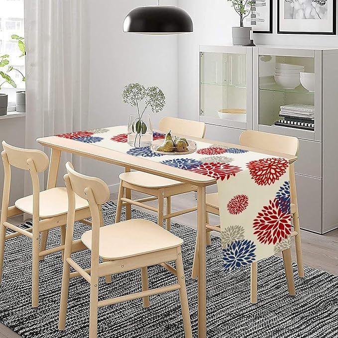 4th of July Table Runner, Blue Red Dahlia Flower American Patriotic Memorial Day Table Runner for Farmhouse Kitchen Dining Table Party Decor, 13x120inch