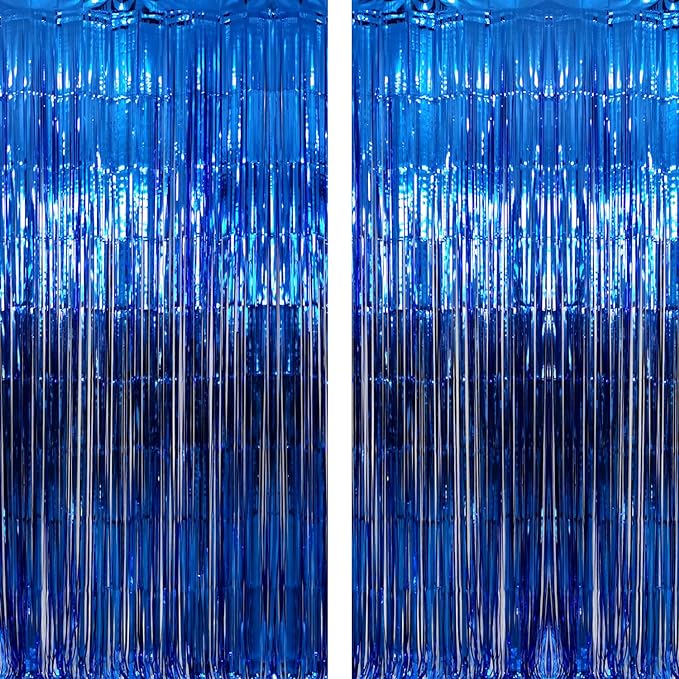 GOER 6.4 ft x 9.8 ft Metallic Tinsel Foil Fringe Curtains,Pack of 2 Party Streamer Backdrop for Birthday,Graduation Decorations and New Year Eve (Navy Blue)