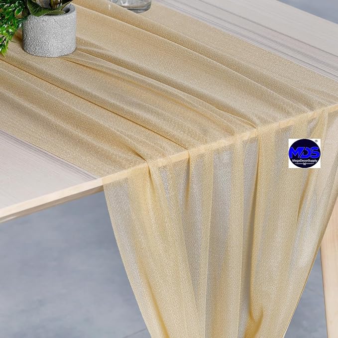 MDS 25 Pack 10ft Chiffon Table Runner 29 x 120 Inches Sheer Wedding Runner Romantic Rustic Table Runner for Wedding Decorations, Birthday Parties, Bridal Shower Party Arch Decor - Champagne Gold