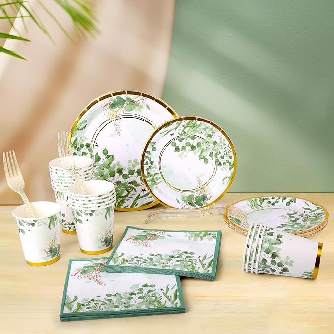 Sage Green Party Decoration, 126PCS Sage-Green Plates and Napkins Party Supplies, Spring Greenery Eucalyptus Leaves Disposable Dinnerware Decor for Wedding Birthday Baby Shower