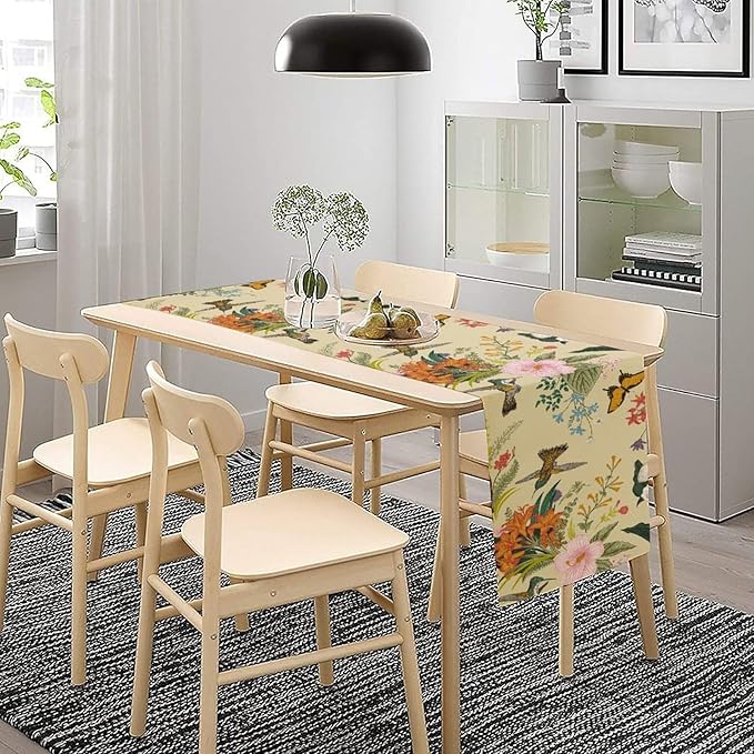 Brown Bird Floral Table Runner Spring Flower Kitchen Table Decoration Suitable for Family Dinner Decoration 13x120 Inch