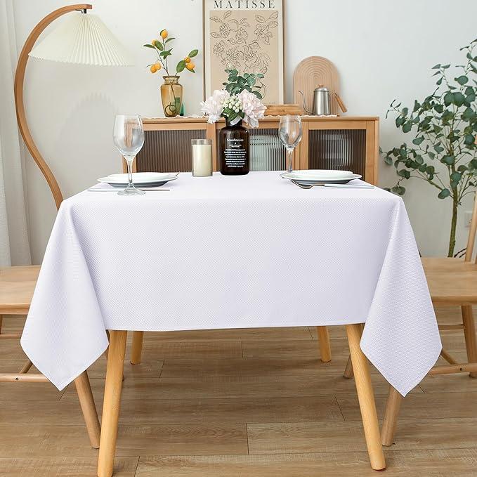 Biscaynebay Textured Fabric Square Tablecloths 90x90 Inches, White Water Resistant Card Table Cloth Folding Table Cover for Dining, Kitchen, Wedding and Parties etc. Machine Washable