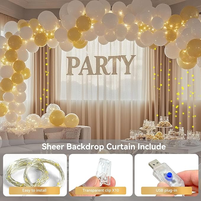 10×10ft Tulle Backdrop Curtains with Lights String - 300LED Fairy Lights Sheer Curtain Backdrop for Weddings Baby Shower and Birthday Party Decorations(8 Panels 5×10ft)