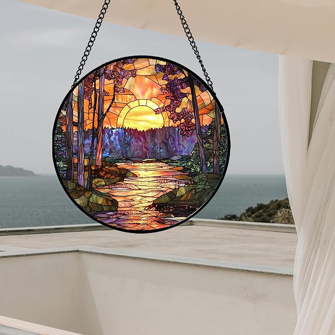 Stained Glass Window Hanging, Orange Landscape Green Purple Lake Forest Suncatcher for Doors Window Home Sun Catchers Decor Mother's Day Birthday Gifts for Women Men Mom 11.8 in
