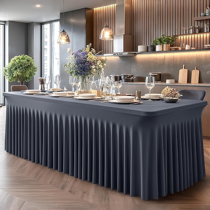 Wish Care 2 Pack Gray Spandex Table Clothes for 8 Foot Rectangle Tables, 8FT Wrinkle Free Fitted Tablecloths Ruffles Design Table Cover for Party, Banquet, Wedding and Events