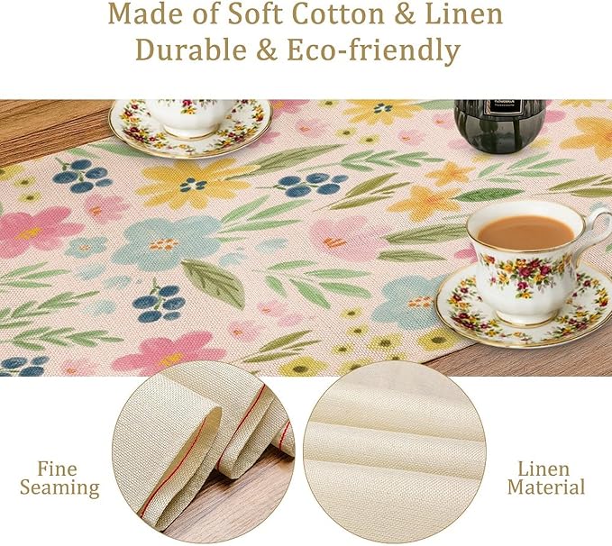Floral Table Runner, Boho Style Watercolor Flower Green Leaf Plant Rectangle Table Decoration for Dining, Party, Holiday,13in（33cm） W * 72in（184cm） L
