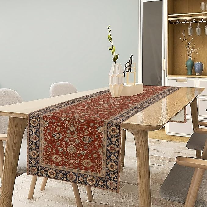 Boho Floral Vintage Red Blue Table Runner, Retro Flower Rustic Country Farmhouse Abstract Pattern for Home Kitchen Table Decor Dining Coffee Room Party Decor 13x60in